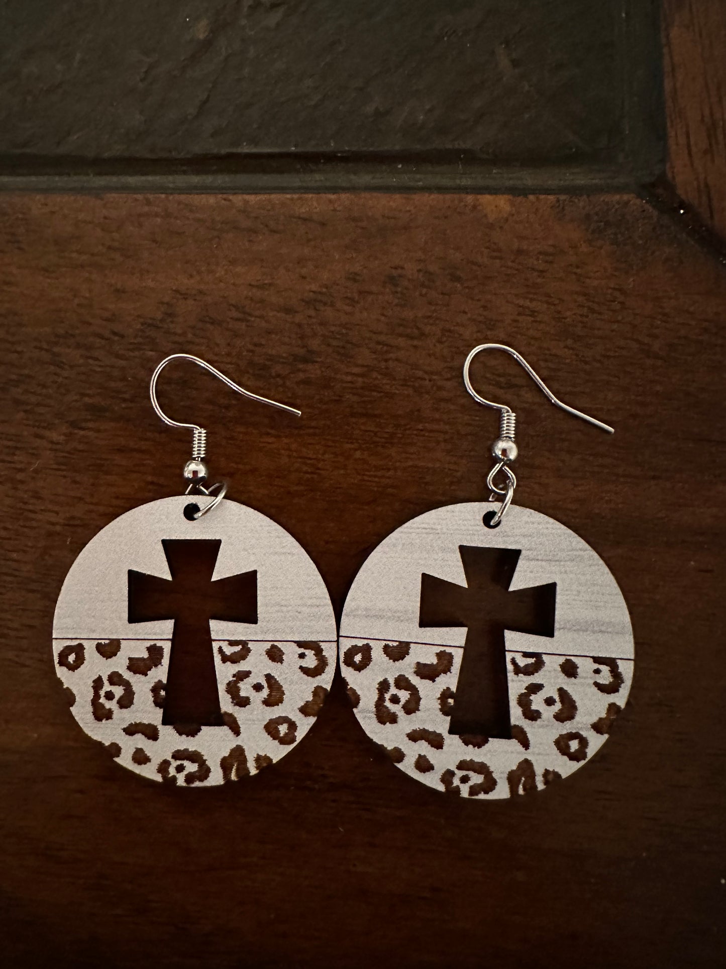 White Leopard Cross Earrings