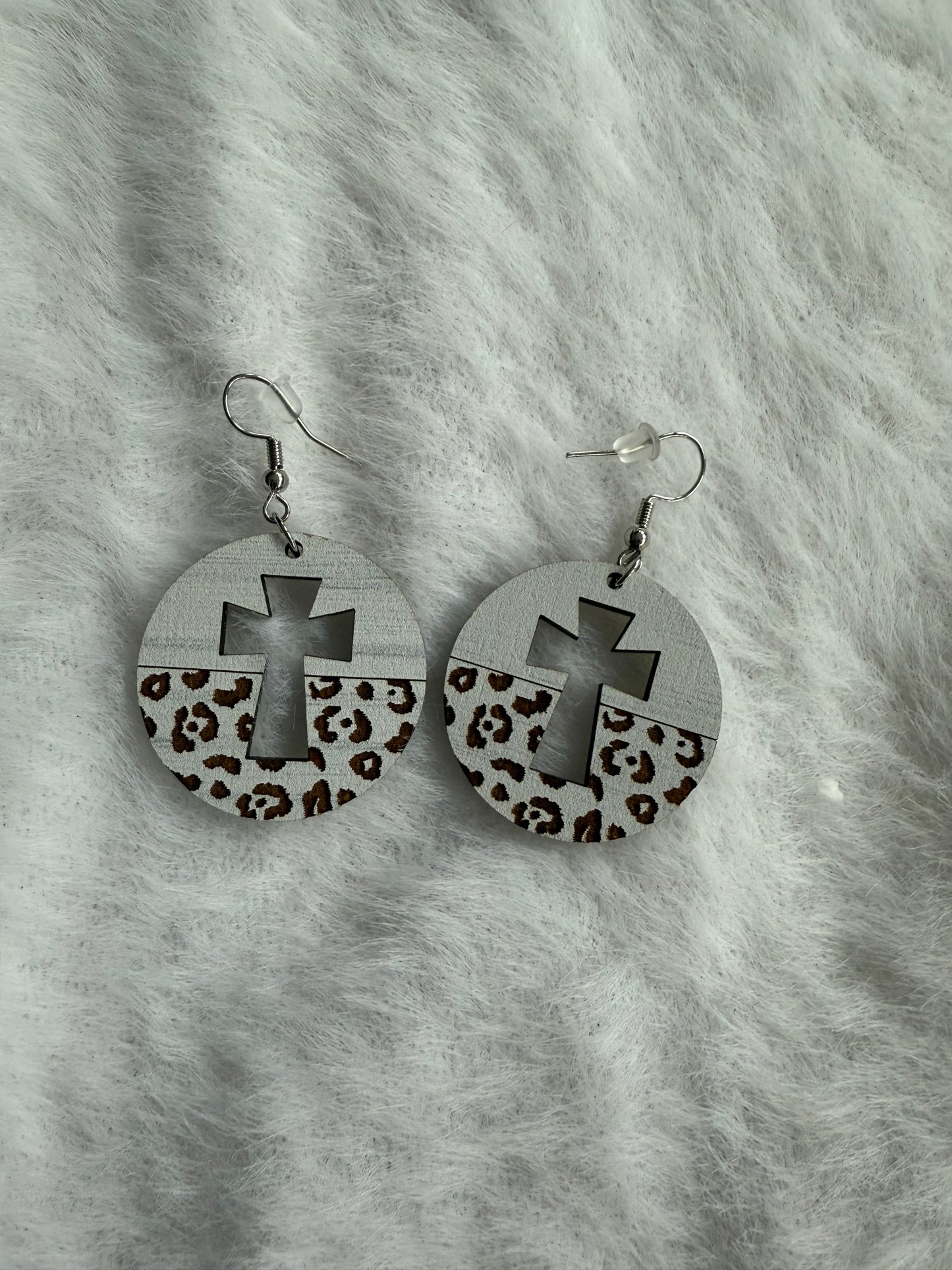 White Leopard Cross Earrings