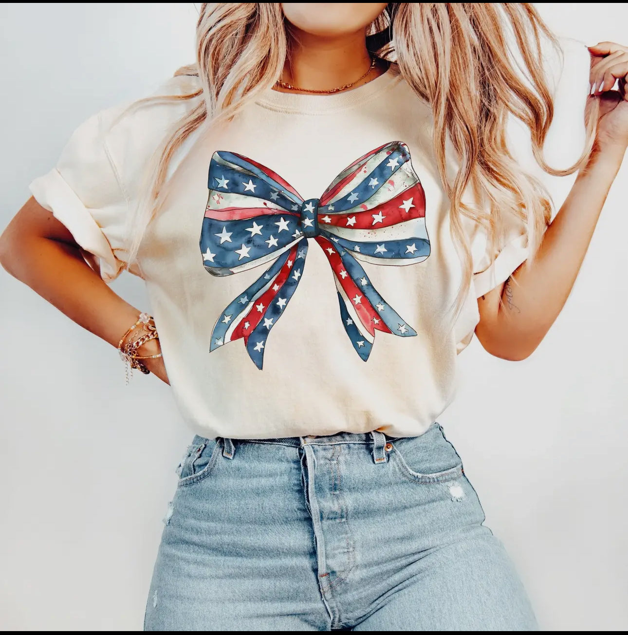 Patriotic Red White & Blue Bow TEE