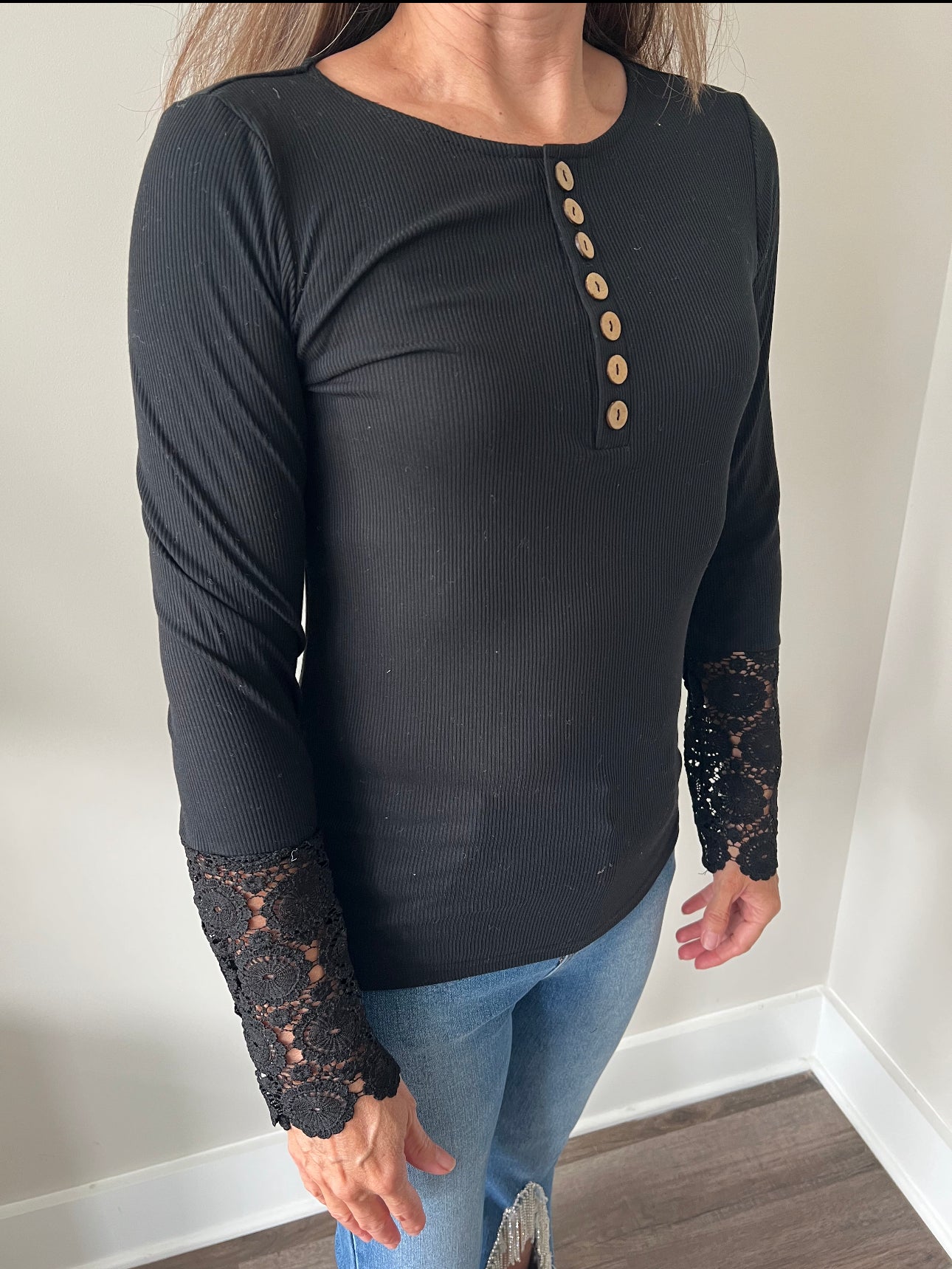 Laced Crochet Sleeves Henley Top