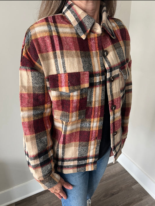 Plaid Button Up Casual Shacket with Pockets